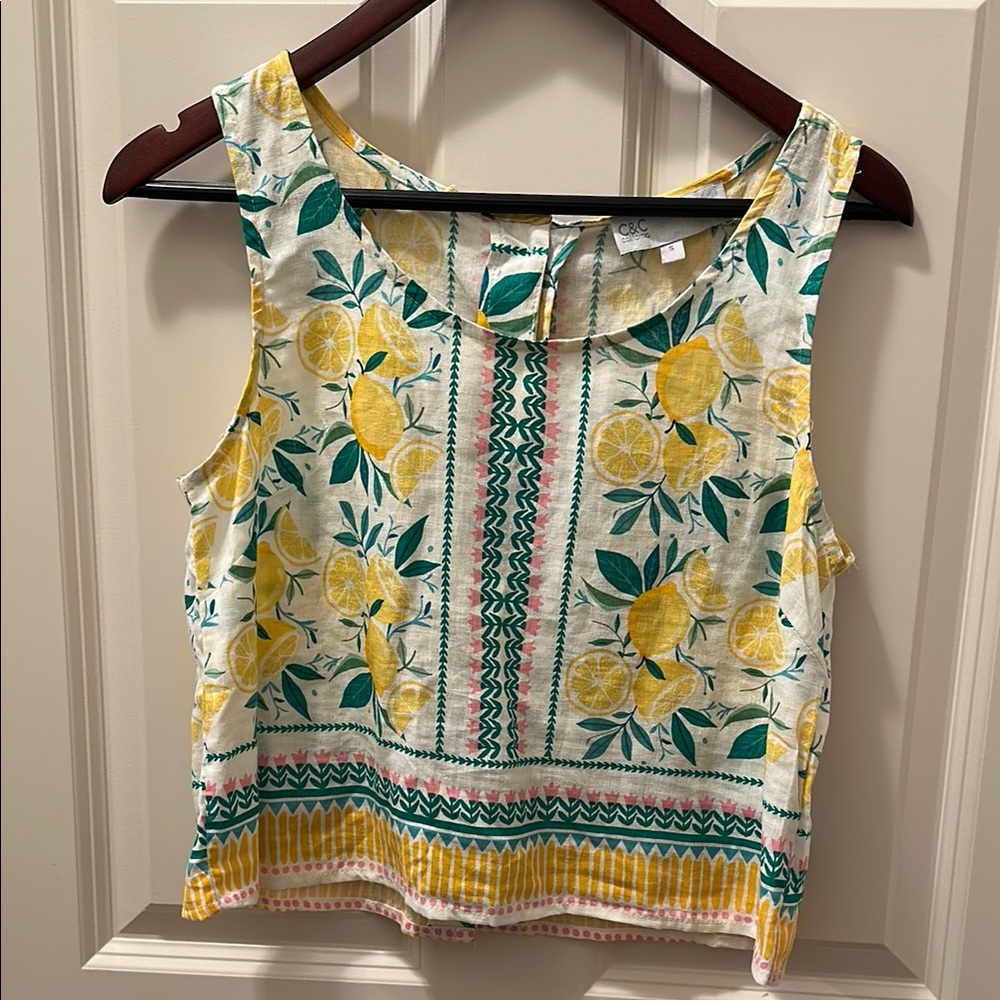 C&C California Lemon Print Sleeveless Cotton Top - Yellow/Green